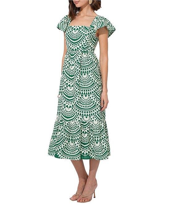 Adelyn Rae Maja Cotton Embroidered Abstract Print Square Neck Short Sleeve A-Line Midi Dress Product Image
