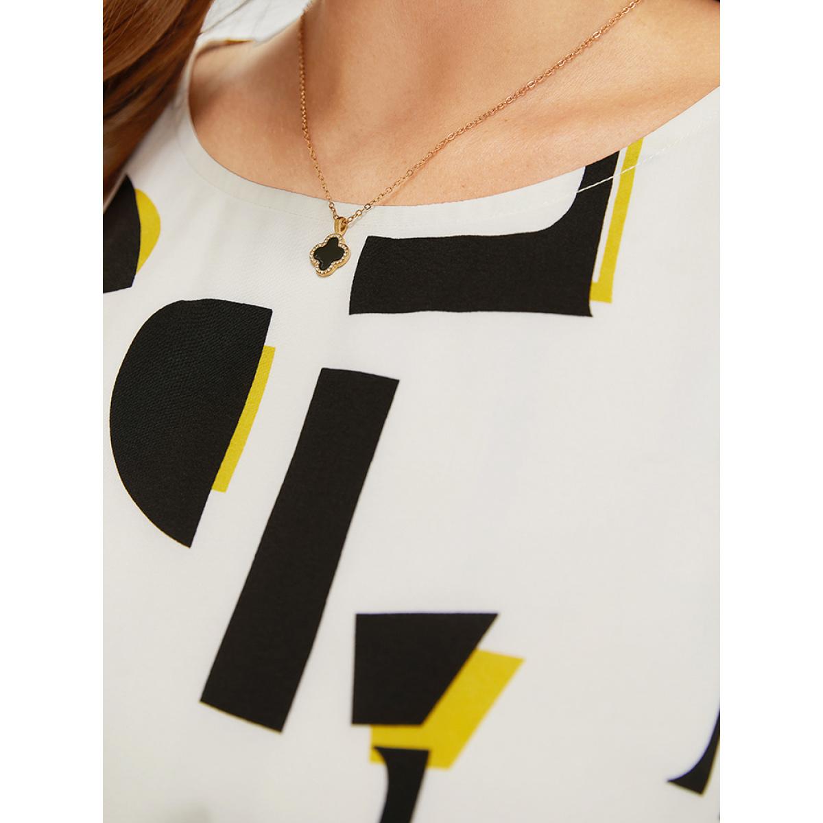 Plus Size Geometric Print Pocket Belt Flutter Sleeve Dress Black Women Elegant Contrast Round Neck Short sleeve Curvy Knee Dress BloomChic 28/5X Product Image