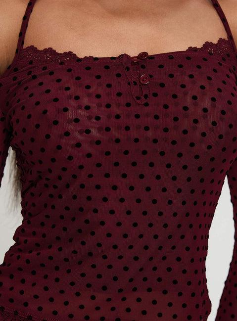 On My Side Off Shoulder Tie Neck Top Burgundy Product Image