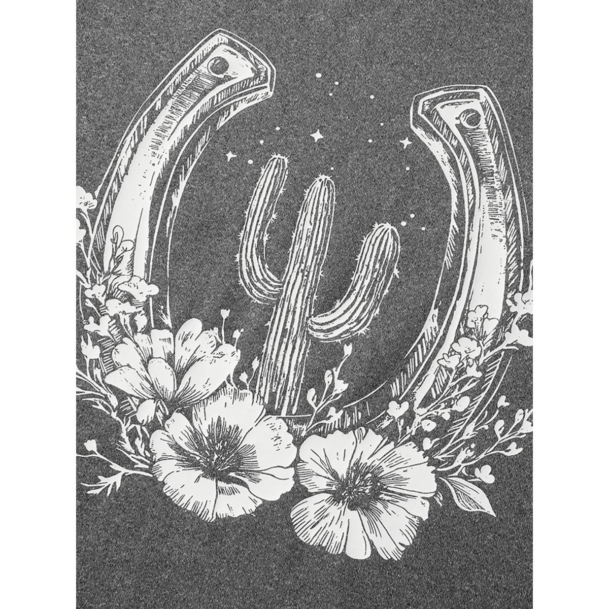 Plus Size Floral Cactus Drop Shoulder Sweatshirt Women DarkGray Leisure Texture Round Neck Casual Sweatshirts BloomChic 22-24/3X Product Image