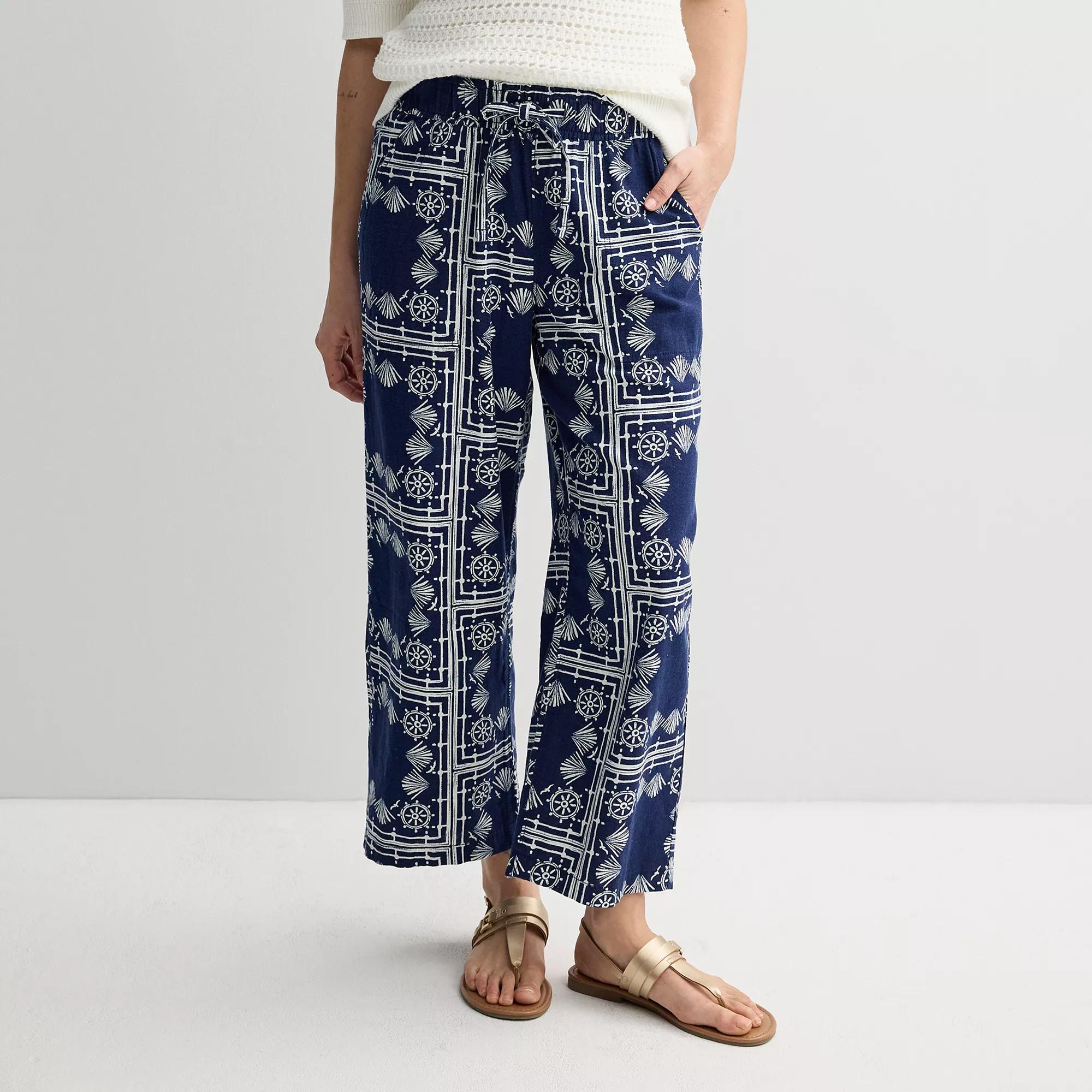 Petite Sonoma Goods For Life® Linen Wide Leg Ankle Pants, Women's, Size: Medium Petite, Blue Nautical Print Product Image