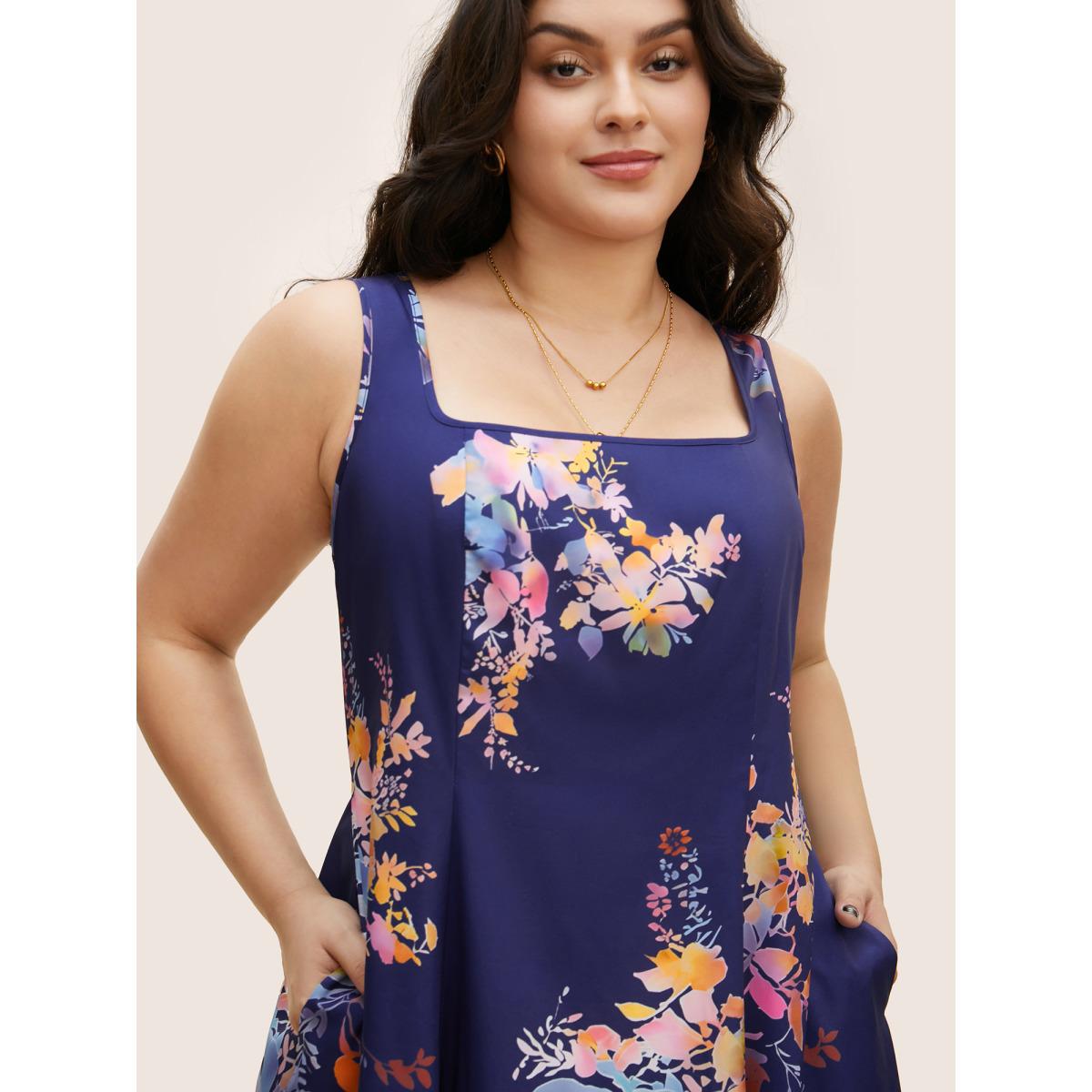 Plus Size Square Neck Silhouette Floral Print Pleated Dress DarkBlue Women Elegant Non Square Neck Sleeveless Curvy BloomChic 30/6X Product Image