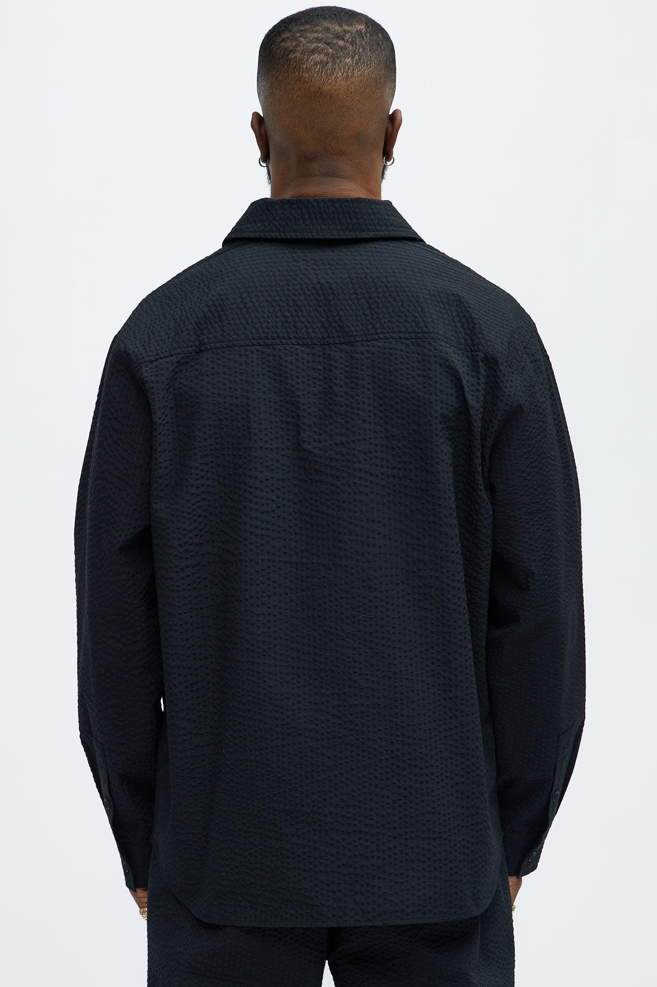 Seersucker Long Sleeve Button Up Shirt - Black Product Image
