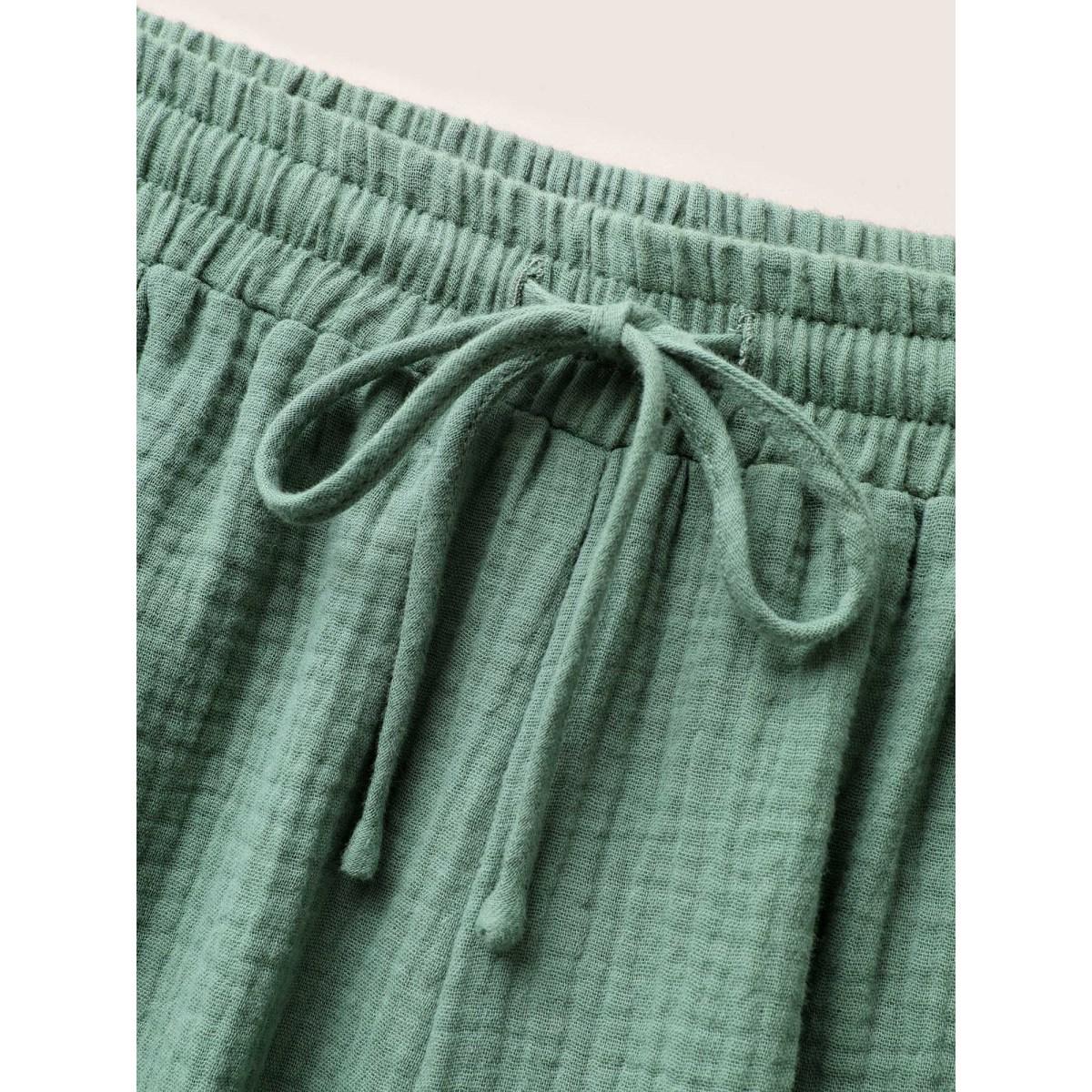 Plus Size Plain Textured Drawstring Wide Leg Pants Women Emerald Casual Wide Leg Mid Rise Everyday Pants BloomChic 10/M Product Image