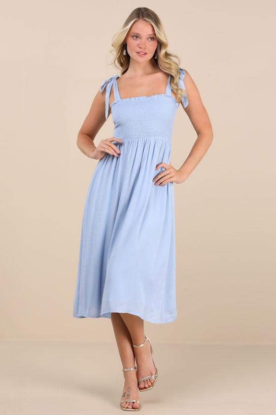 Looking Up Light Blue Smocked Tie-Strap Midi Dress Product Image