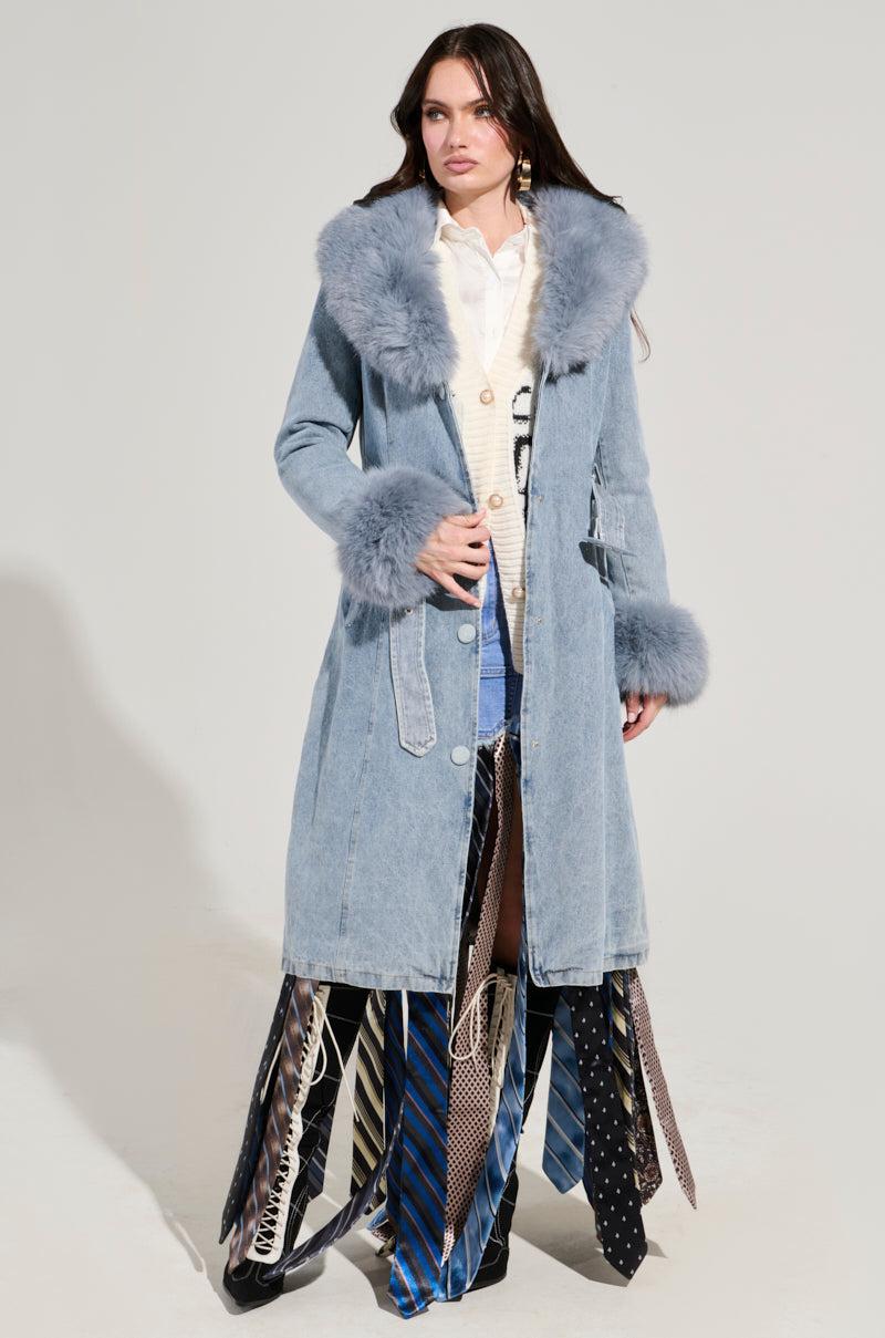 KAYA FUR TRIM TRENCH IN DENIM Product Image