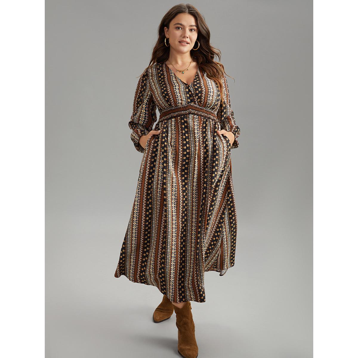 Plus Size Bandana Print Wrap Shirred Dress Multicolor Women Boho Elastic cuffs V-neck Long Sleeve Curvy Midi Dress BloomChic 30/6X Product Image