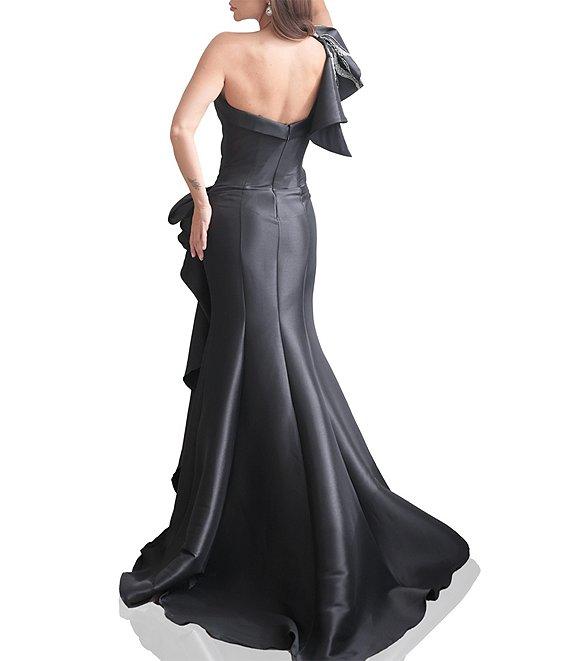 Terani Couture Mikado One Shoulder Ruffle Sleeve Sequin Applique Gathered Side Slit Gown Product Image