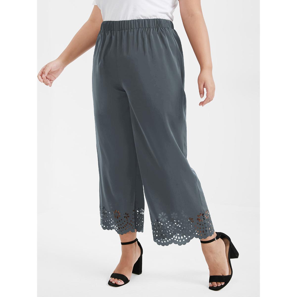 Plus Size Broderie Anglaise Elastic Waist Loose Pants Women SlateGray Elegant Loose High Rise Dailywear Pants BloomChic 10/M Product Image