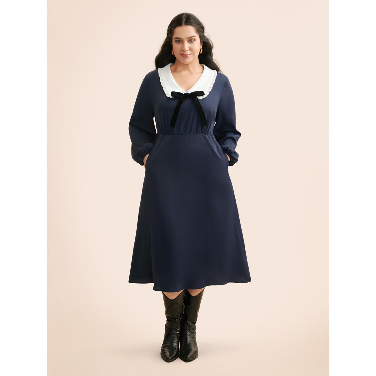 Plus Size Lapel Collar Bowknot Frill Trim Dress Navy Women Elegant Contrast Peter Pan collar Long Sleeve Curvy BloomChic 14-16/1X Product Image