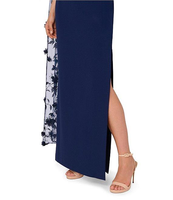 Adrianna Papell Crepe One Shoulder Embroidered Cape Gown Product Image