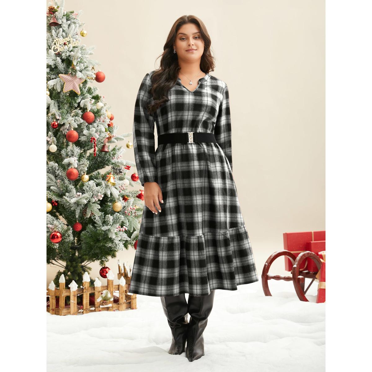 Plus Size Plaid Notched Collar Elastic Waist Midi Dress BlackFlower Women Casual Non Party Curvy Bloomchic 10/M Product Image
