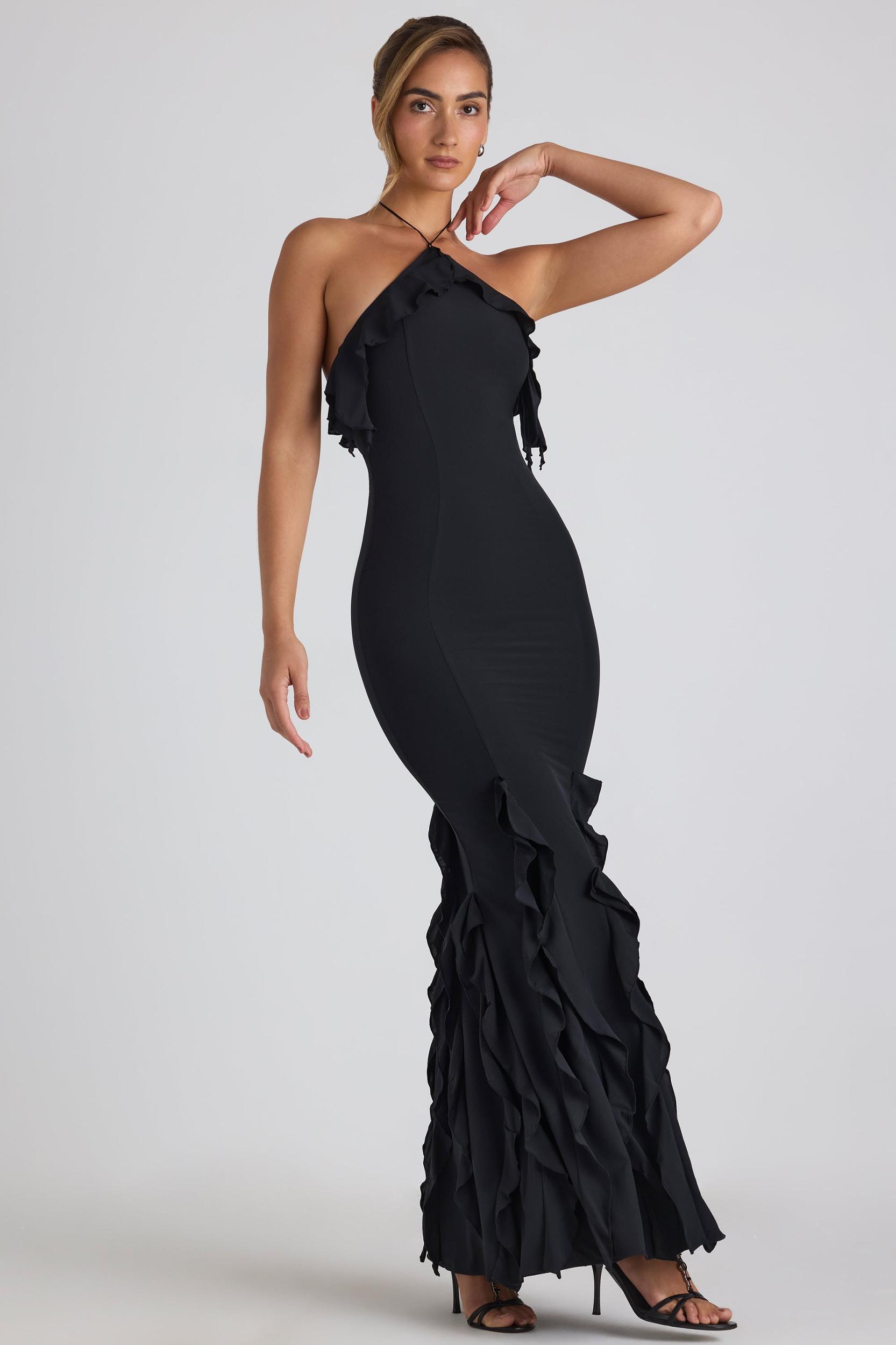 Ruffle-Trim Halterneck Gown in Black Product Image