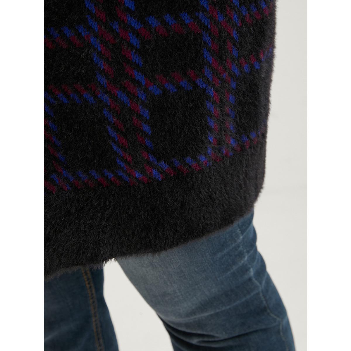 Plus Size Plaid Contrast Soft Sexy Yarn Knit Fluffy Open Front Cardigan BlackFlower Women Casual Loose Long Sleeve Everyday Cardigans BloomChic 10/M Product Image