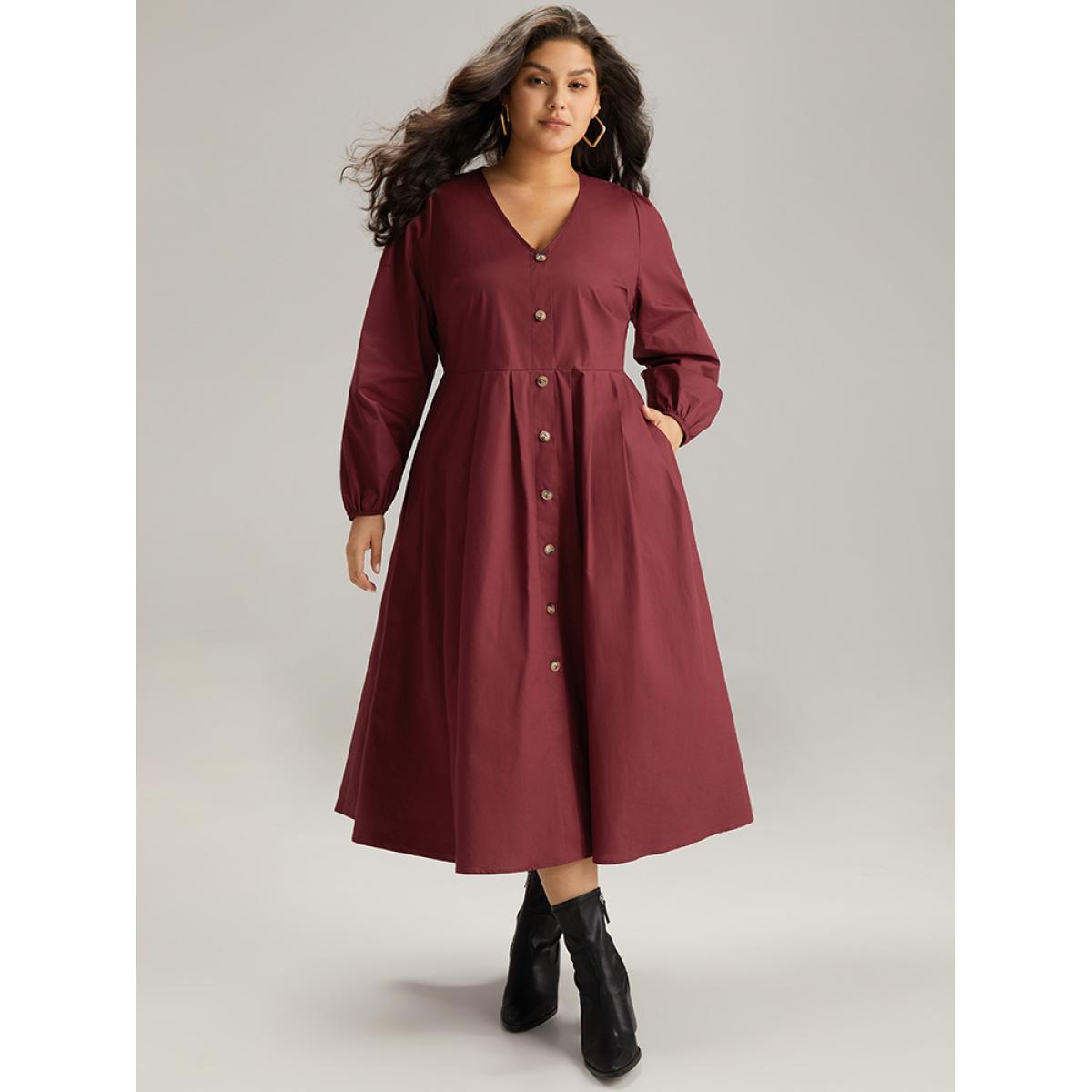 Plus Size Cotton Button Detail Elastic Cuffs Dress Burgundy Women Elegant Elastic cuffs V-neck Long Sleeve Curvy Midi Dress BloomChic 22-24/3X Product Image