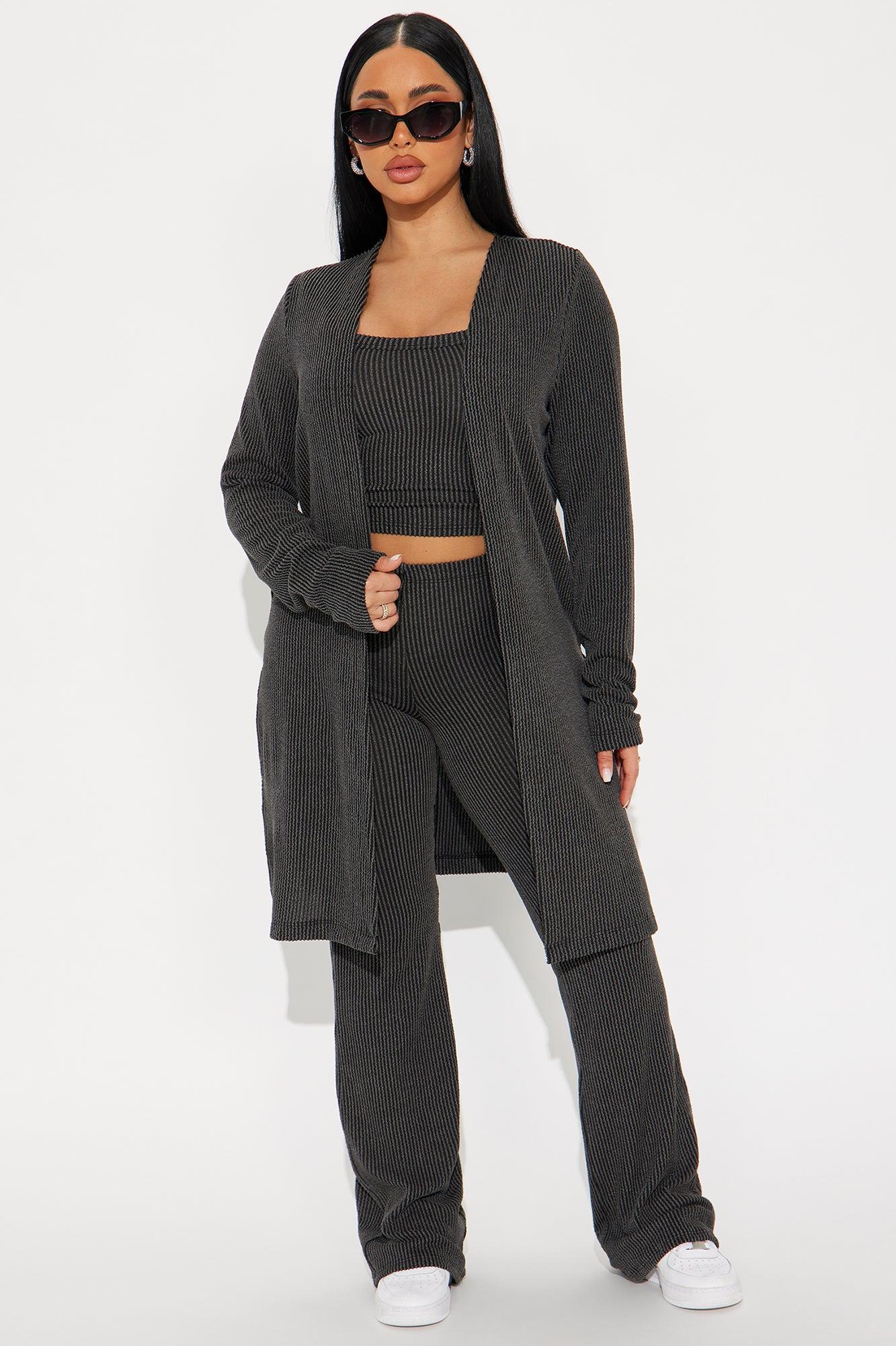 Weekend Vibe Ribbed 3 Piece Pant Set - Charcoal Product Image