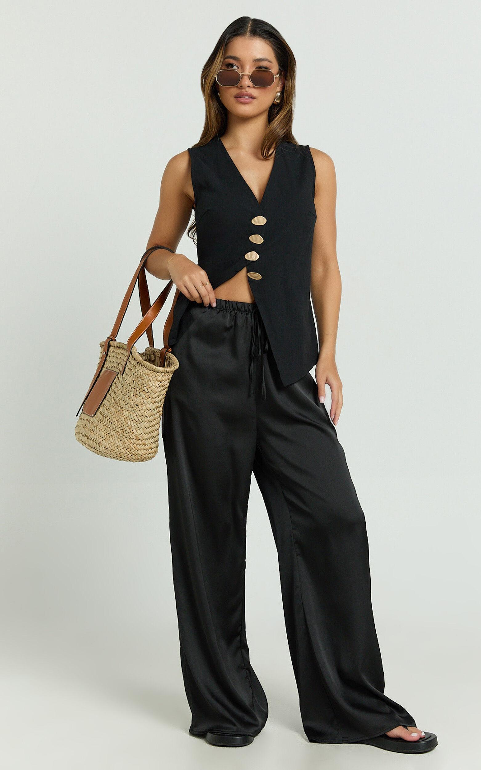 Myrna Two Piece Set - Gold Hardware Waistcoat Top and Relaxed Satin Pants Set in Black Product Image