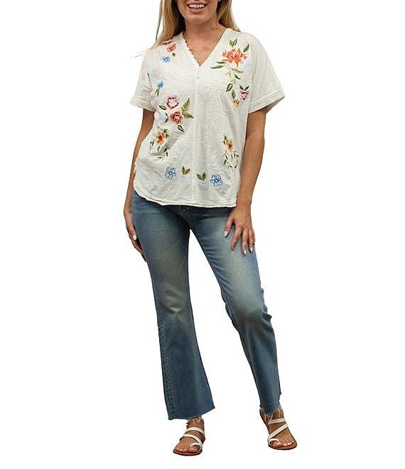 Karyn Seo Tessa Floral Embroidered Button V-Neck Dolman Short Sleeve Tee Product Image