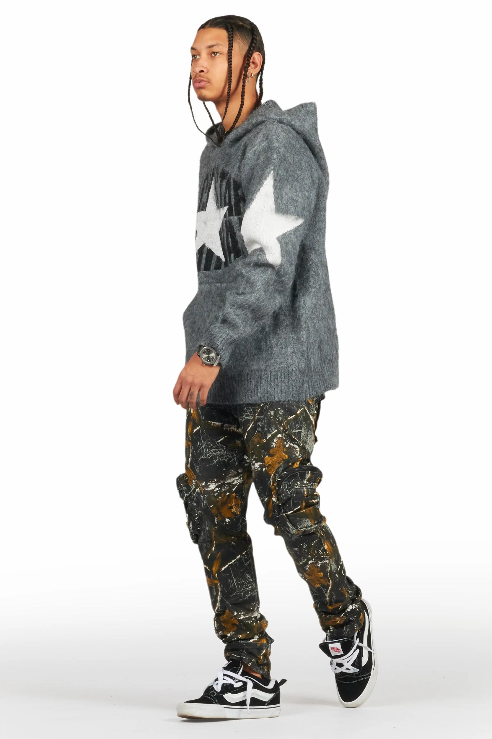 States Grey Graphic Knitted Mohair Hoodie Male Product Image