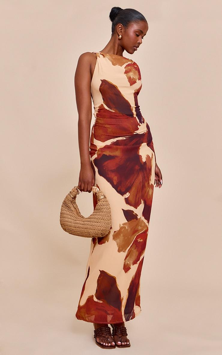 Brown Floral Printed Floral Chiffon Ruched Maxi Dress Product Image
