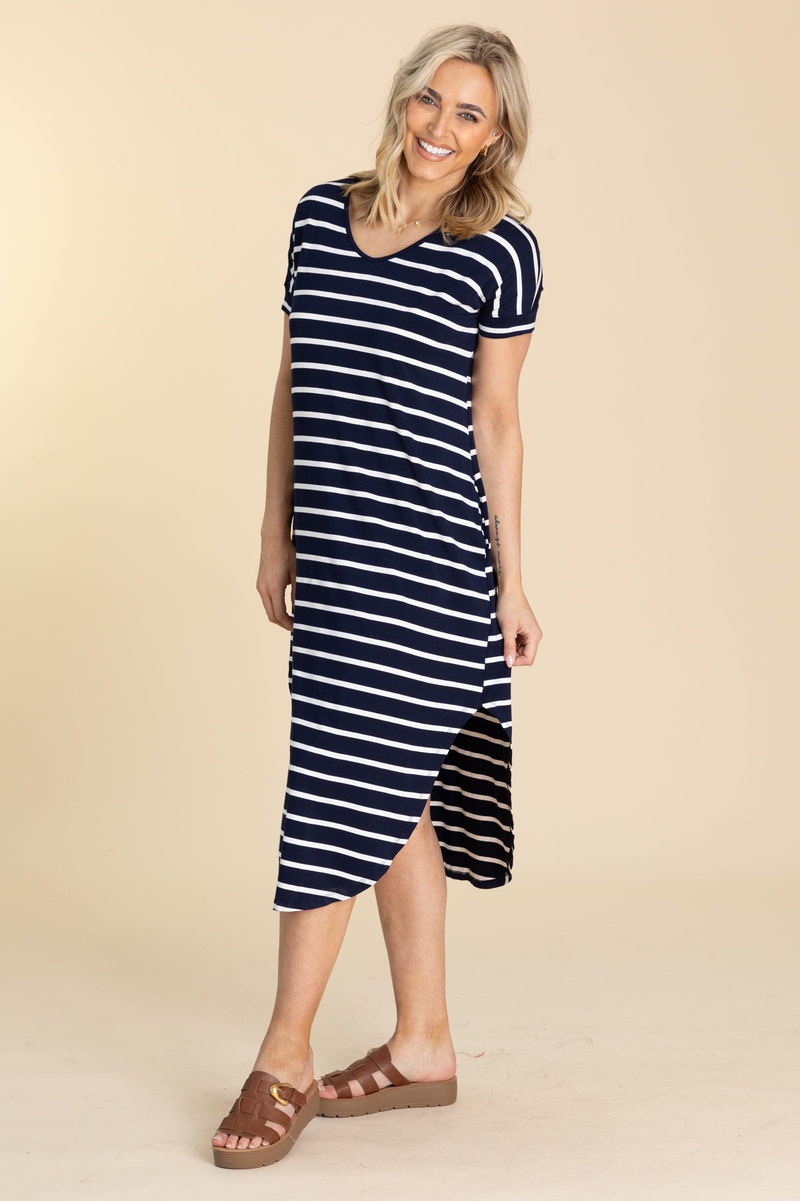Striped Curved Hem Midi Dress With Pockets Product Image