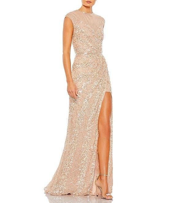 Mac Duggal Embellished Sequin Illusion High Neck Cap Sleeve Thigh High Slit Gown Product Image
