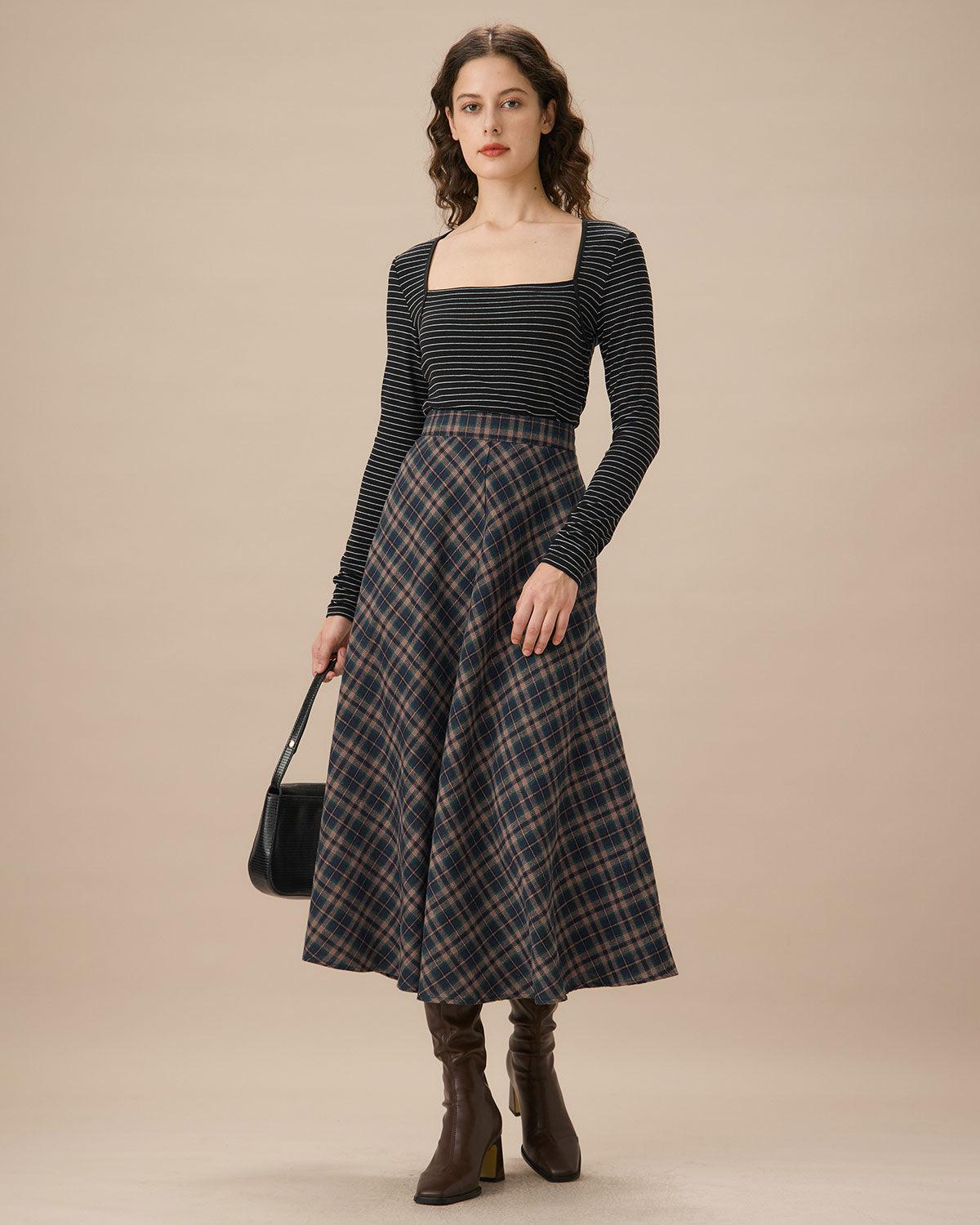 Navy Plaid Flared Midi Skirt Product Image