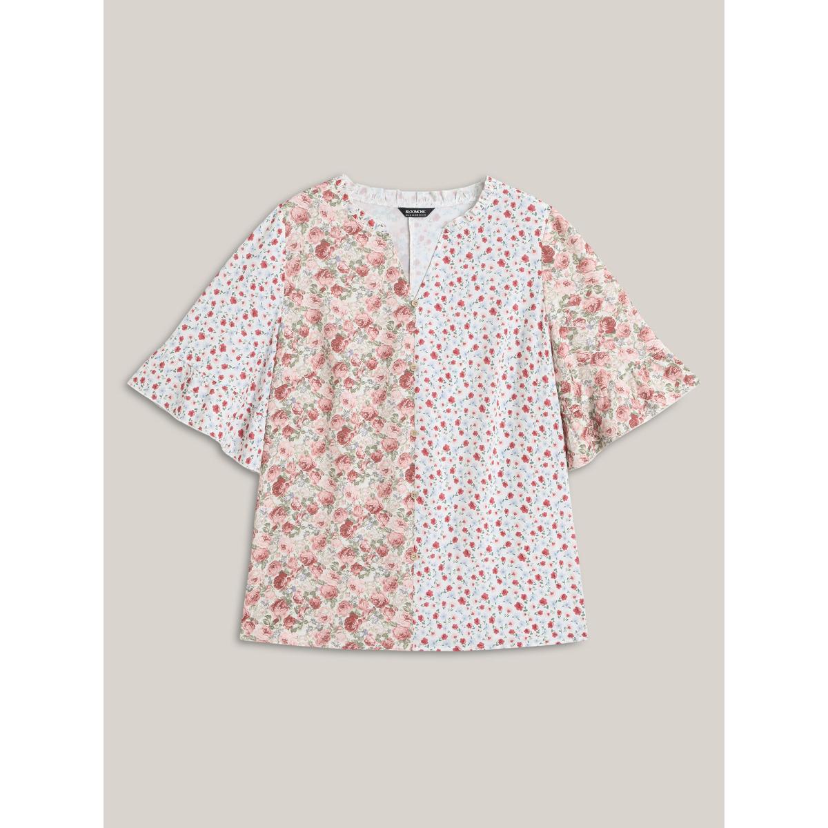 Plus Size Lightpink Floral Contrast Print Button Detail Blouse Women Timeless Half Sleeve Notched collar Elegant Blouses BloomChic 12/L Product Image