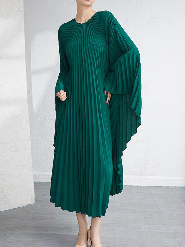 Batwing Sleeves Loose Pleated Solid Color Maxi Dresses Product Image