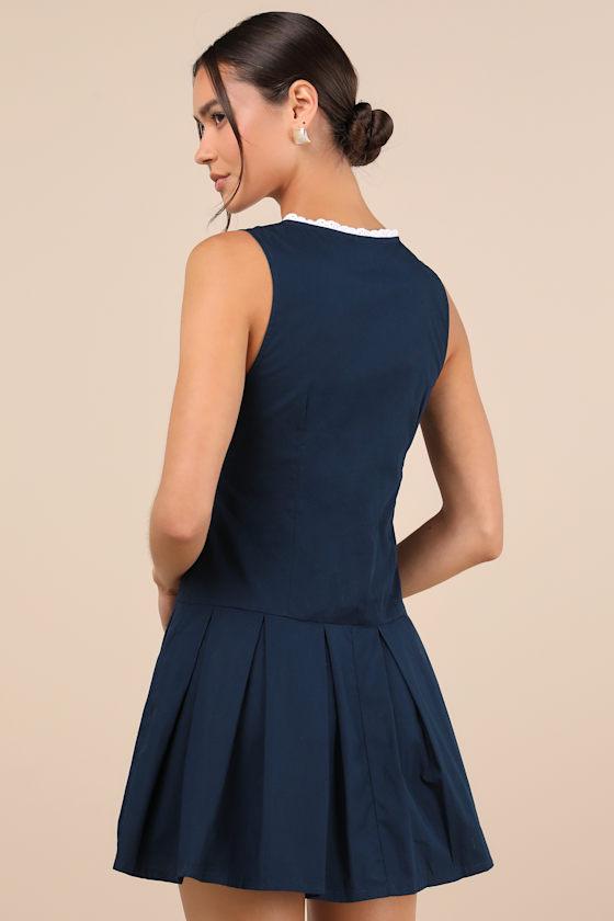 Gitas Navy Blue Cotton Lace Button-Up Drop Waist Mini Dress Product Image