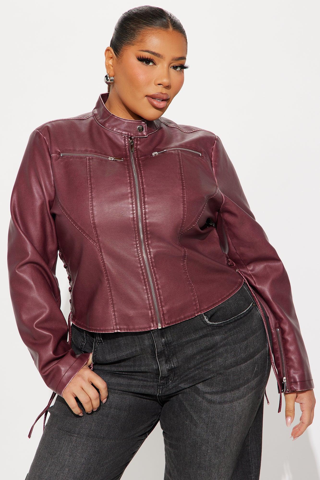 Leona Faux Leather Lace Up Jacket - Burgundy Product Image