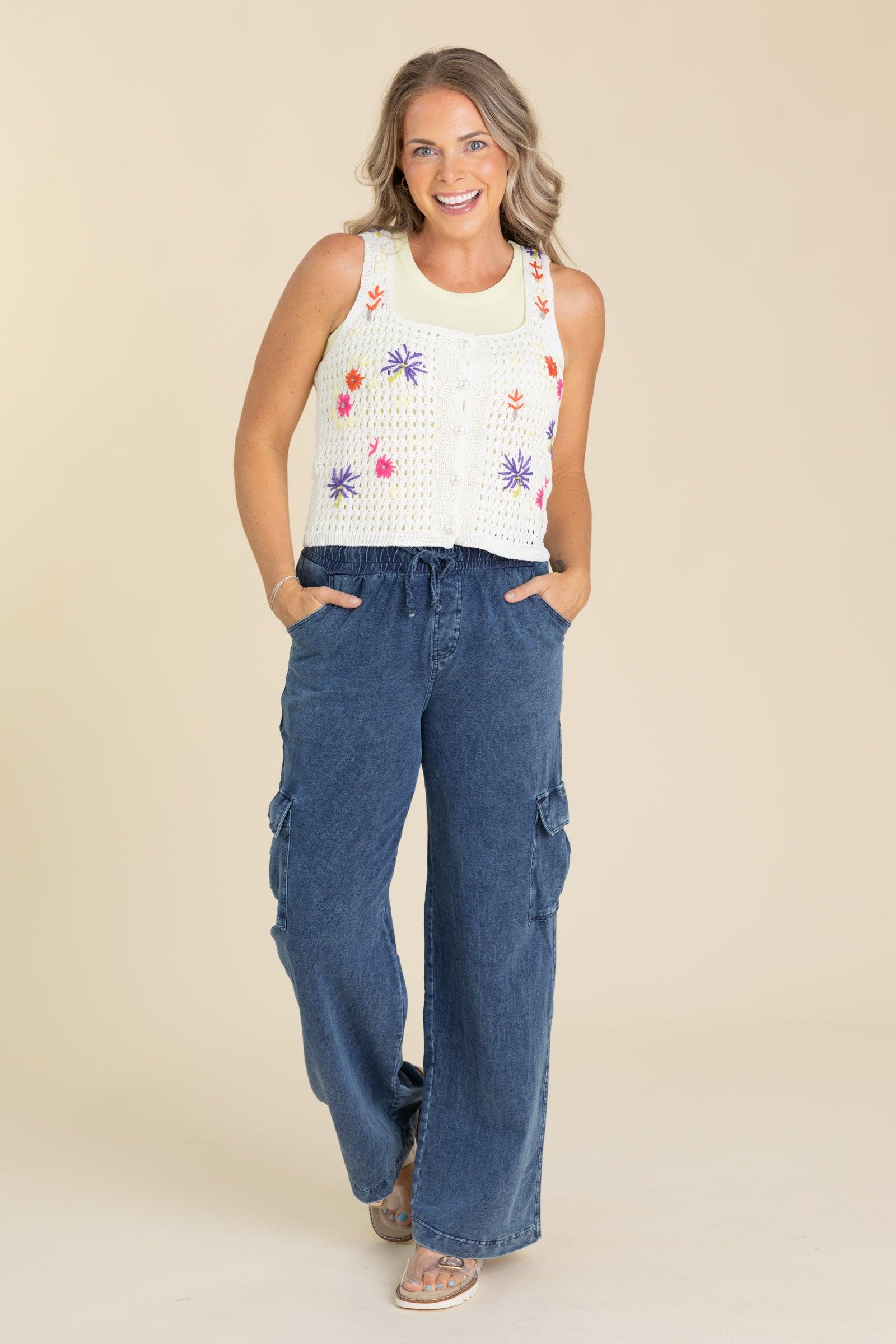 Blue Mineral Wash Wide Leg Cotton Cargo Pants Product Image
