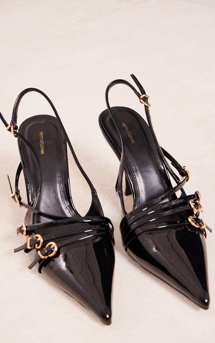 Black Patent Point Toe Multi Buckle Low Heeled Court Shoes Product Image
