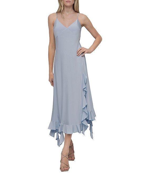 DKNY by Donna Karan Silky Jersey V-Neck Sleeveless Ruffle Slip Midi Dress Product Image