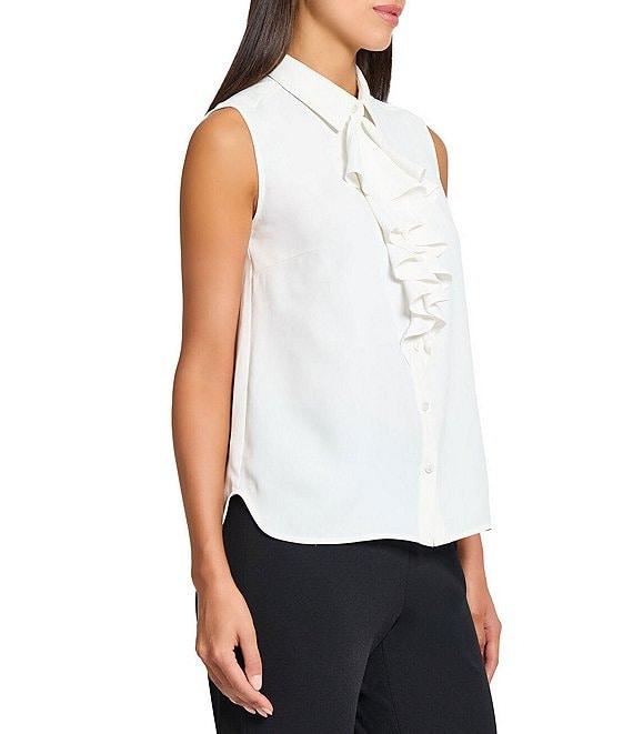 Ming Wang x Tanya Foster Crepe De Chine Point Collar Waterfall Neck Sleeveless Blouse Product Image