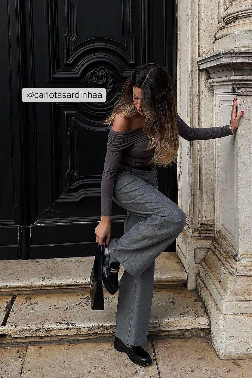 Flannel Wide Leg High Waist Trousers Product Image