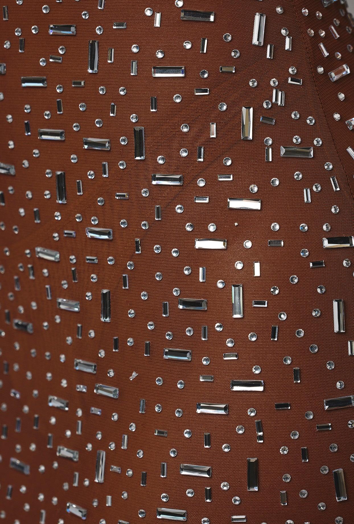 Sheer Embellished Long Sleeve Evening Gown in Mocha Product Image