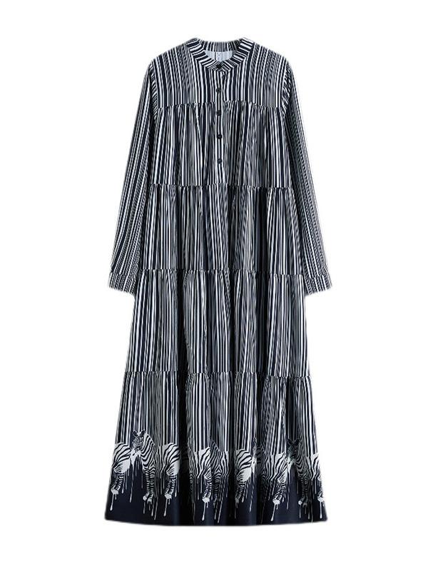 Vintage Loose Striped Buttoned Stand Collar Long Sleeves Midi Dress Product Image