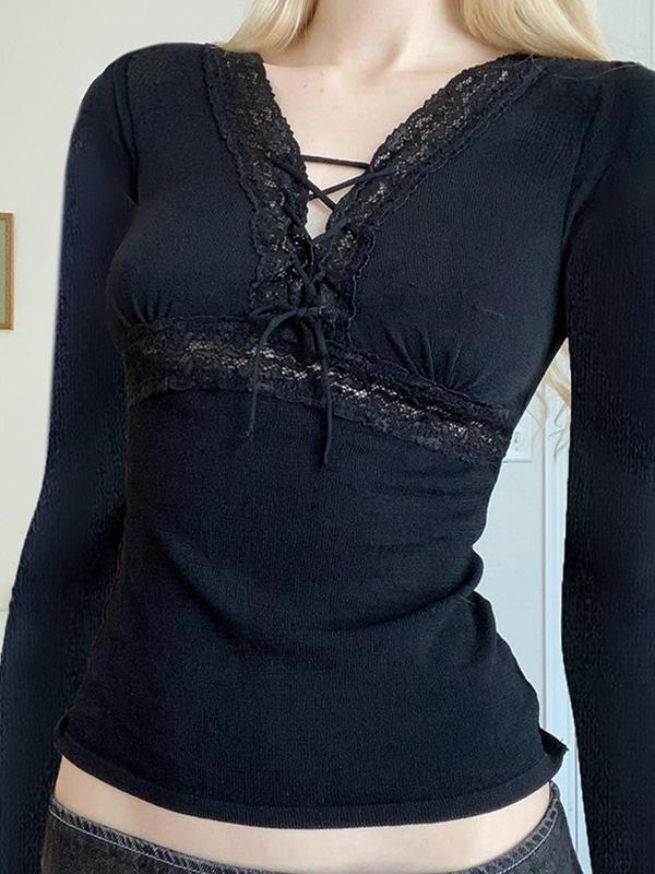 Lace Trim V Neck Lacing Slim Long Sleeve Knit Product Image