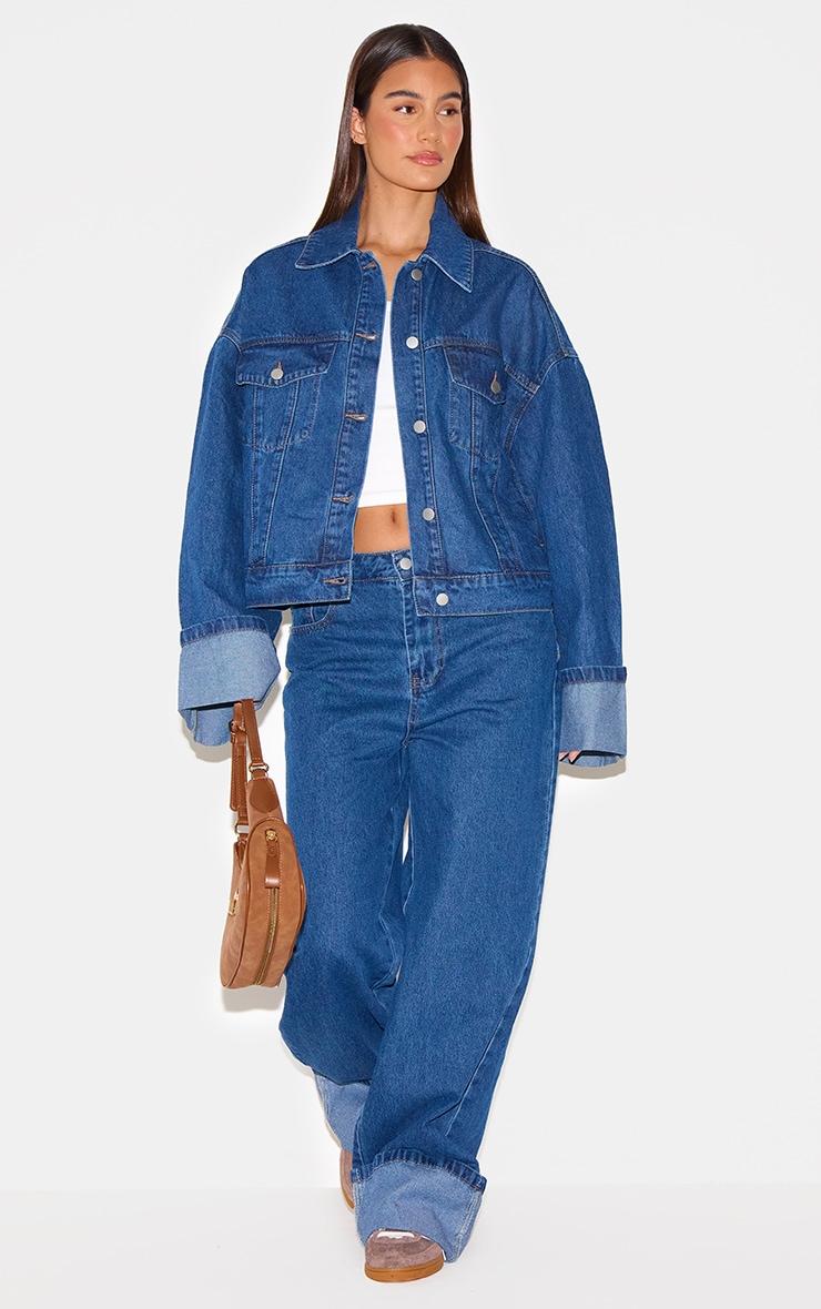 Mid Blue Wash Contrast Stitch Turn Up Cuff Oversized Denim Jacket Product Image