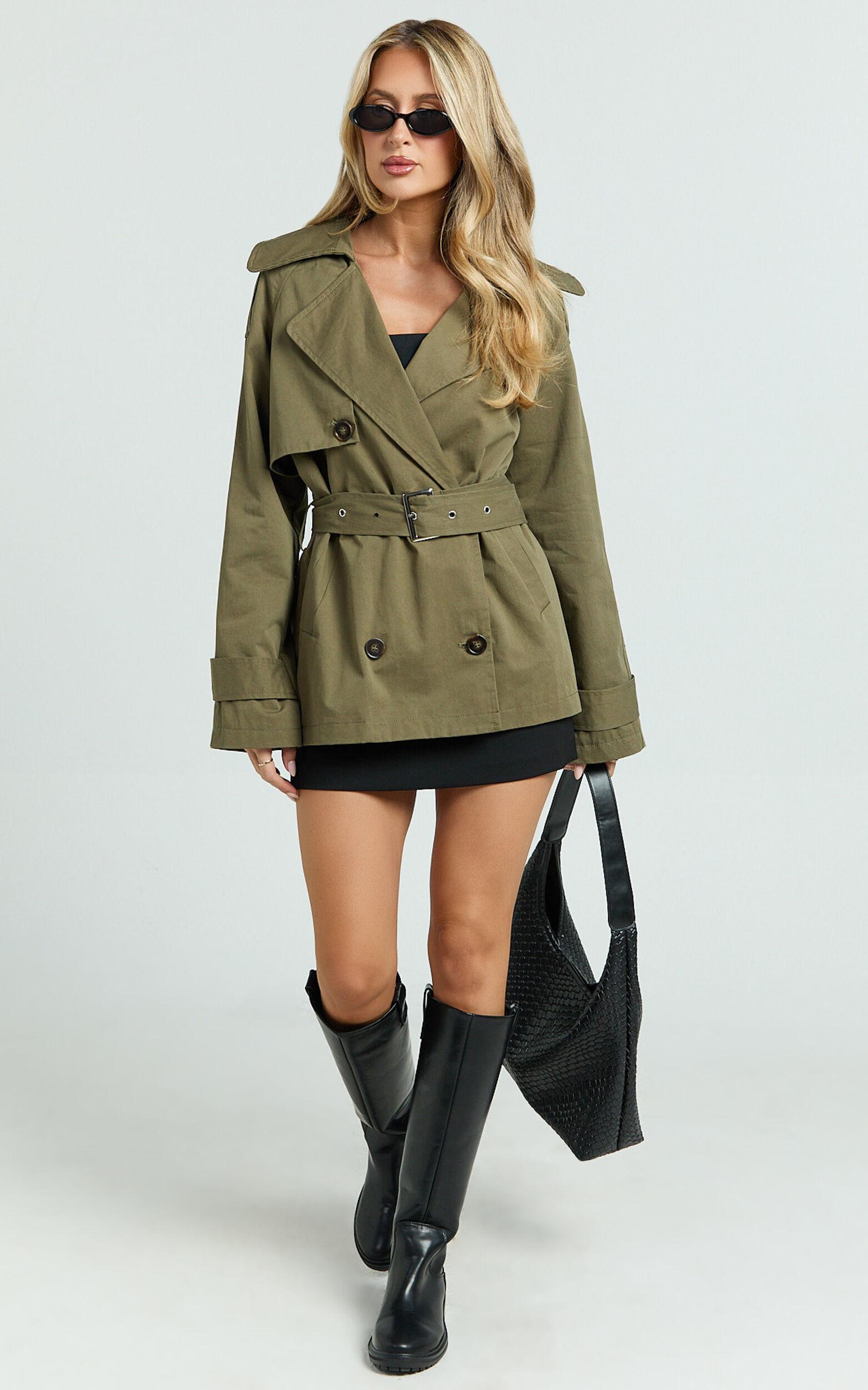 Vicky Jacket - Short Belted Trench Coat in Olive Product Image