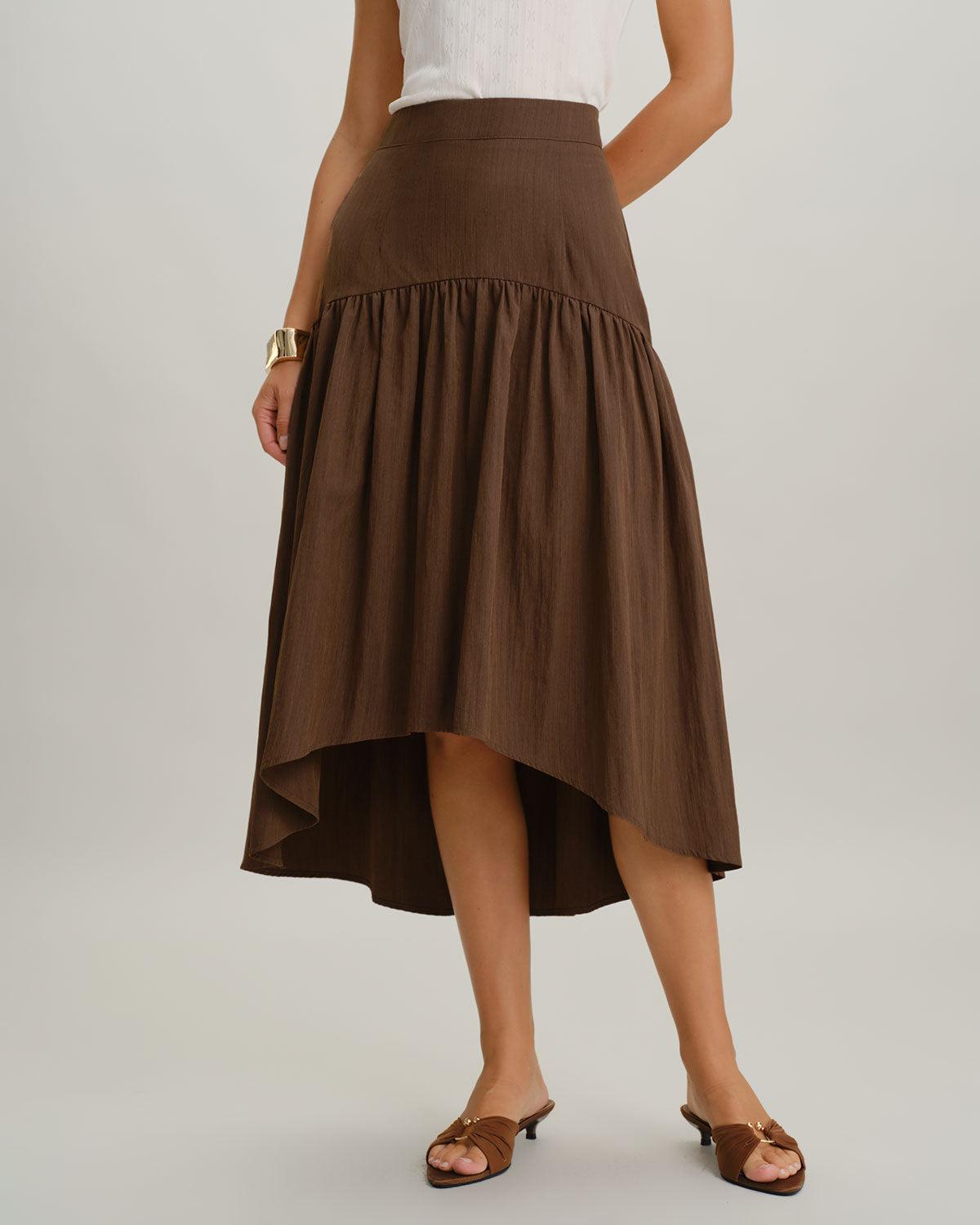 Brown High Waisted High-Low Midi Skirt Product Image