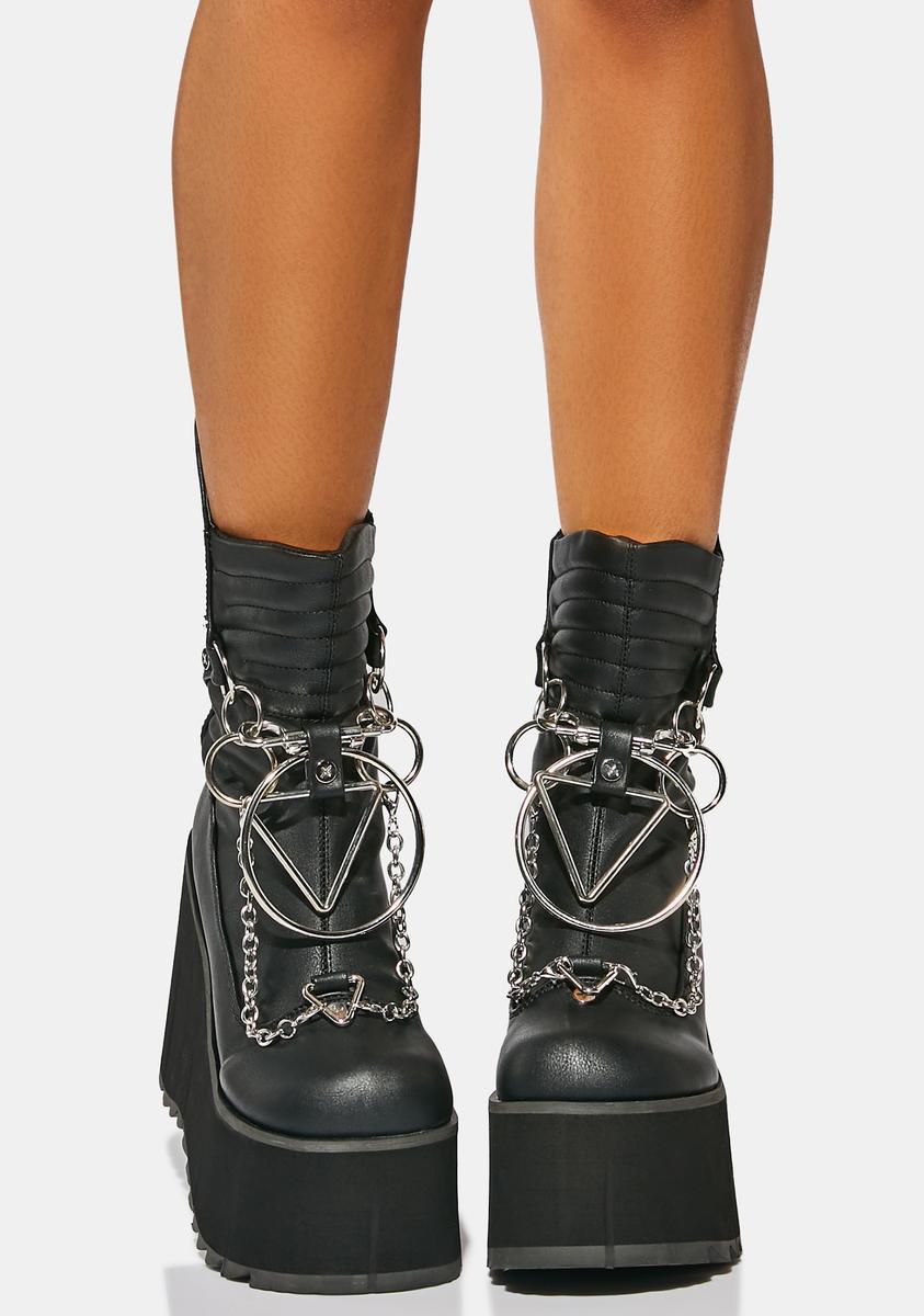 Demonia Kera-130 Black Vegan Leather Chain Platform Boots Product Image