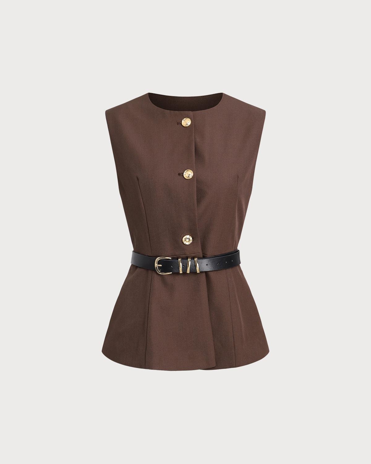 Brown Round Neck Button Vest Product Image
