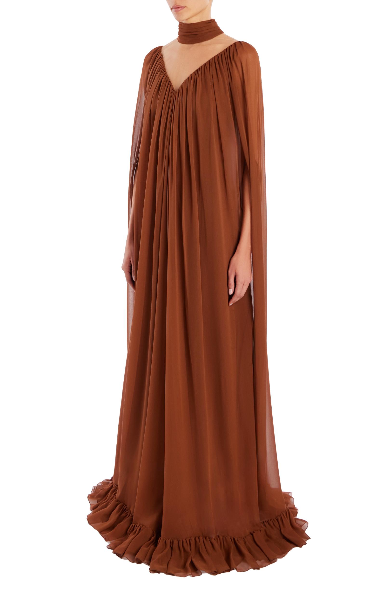 Brown Silk Chiffon Cape Gown with Ruffle Detail Product Image