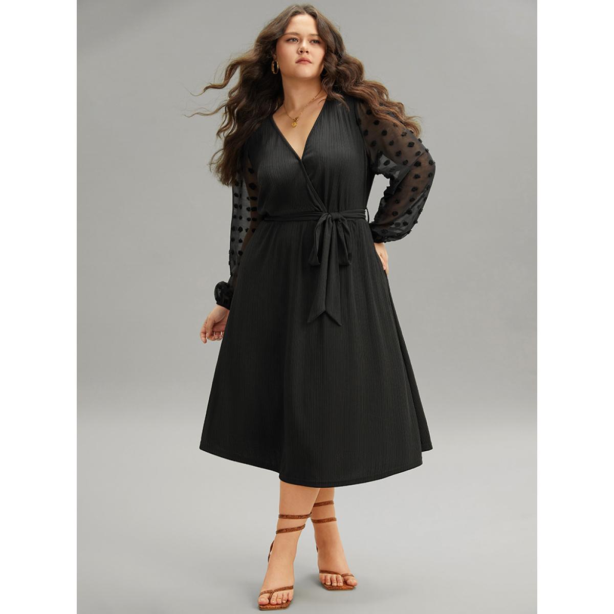 Plus Size Polka Dot Chiffon Mesh Patchwork Wrap Dress Black Women Elegant Elastic cuffs Overlap Collar Long Sleeve Curvy Midi Dress BloomChic 18-20/2X Product Image
