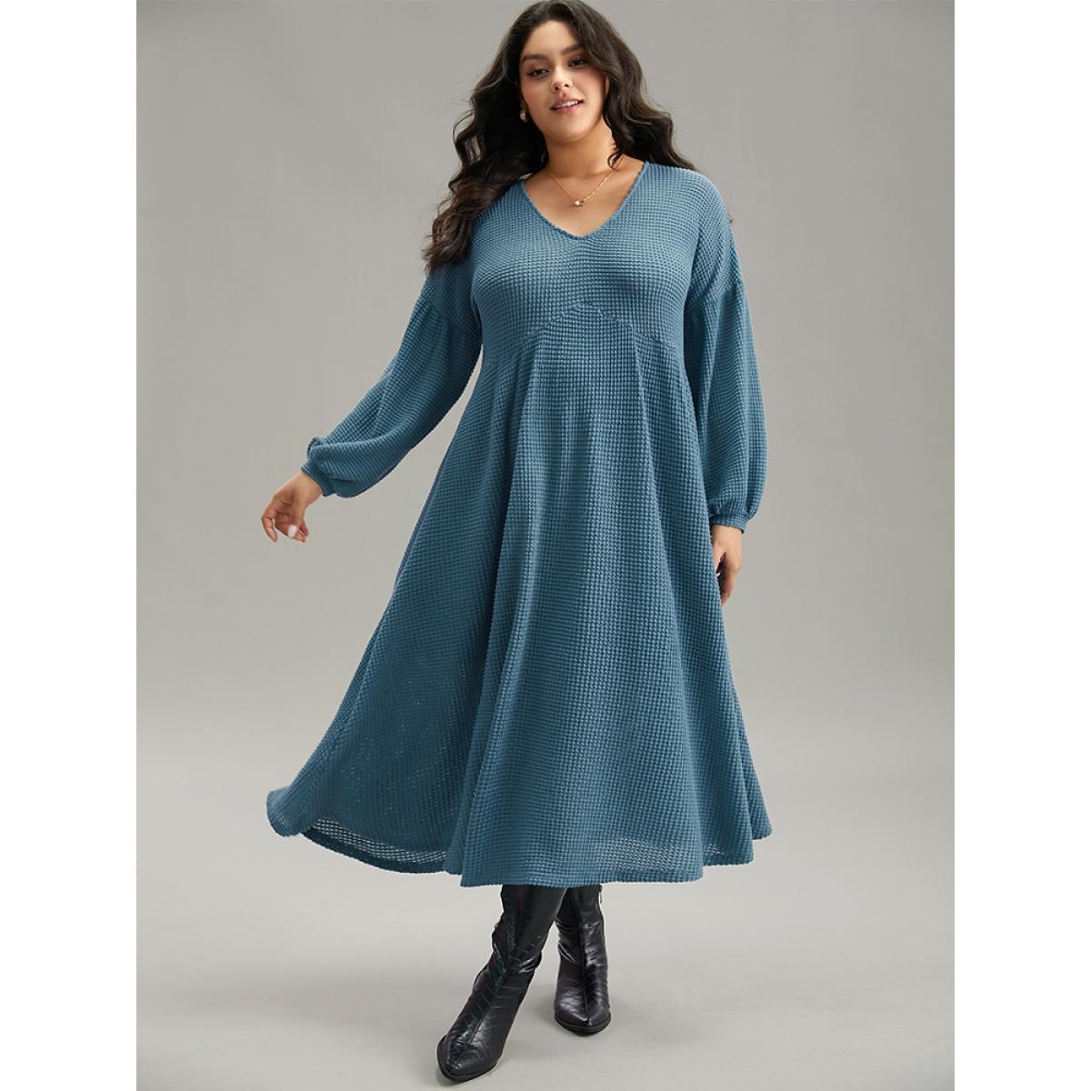 Plus Size Solid Waffle Knit Pocket Lantern Sleeve Dress Aegean Women Casual Texture V-neck Long Sleeve Curvy Midi Dress BloomChic 22-24/3X Product Image