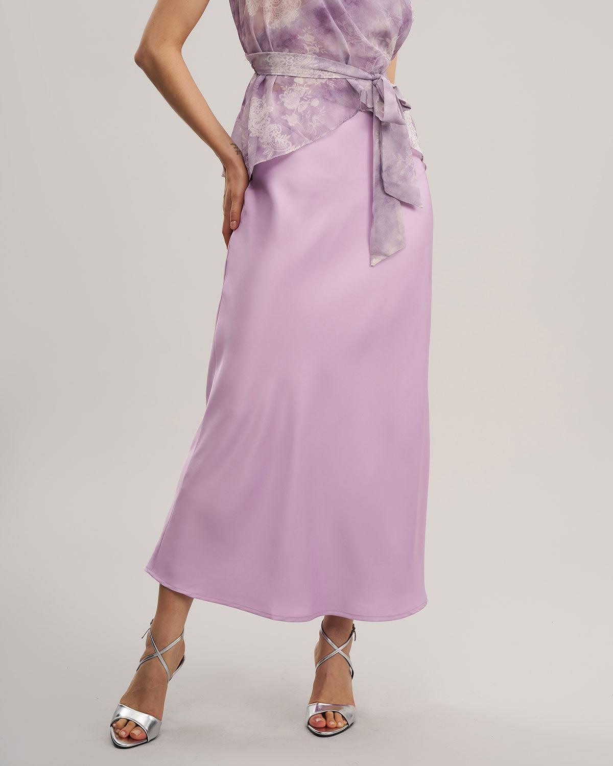 Purple Elastic Waist A-Line Midi Skirt Product Image
