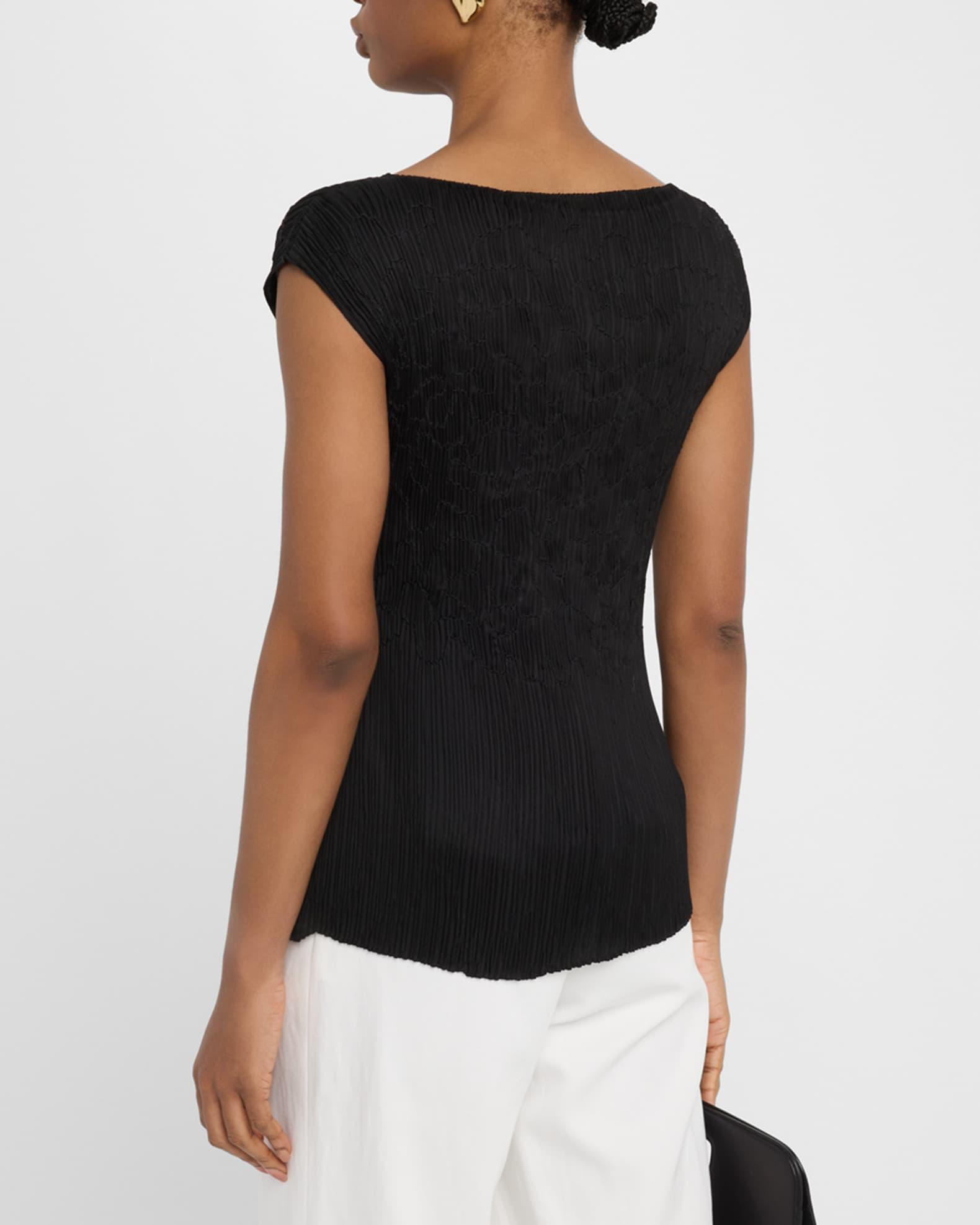 Cap-Sleeve Embroidered Plisse Blouse Product Image