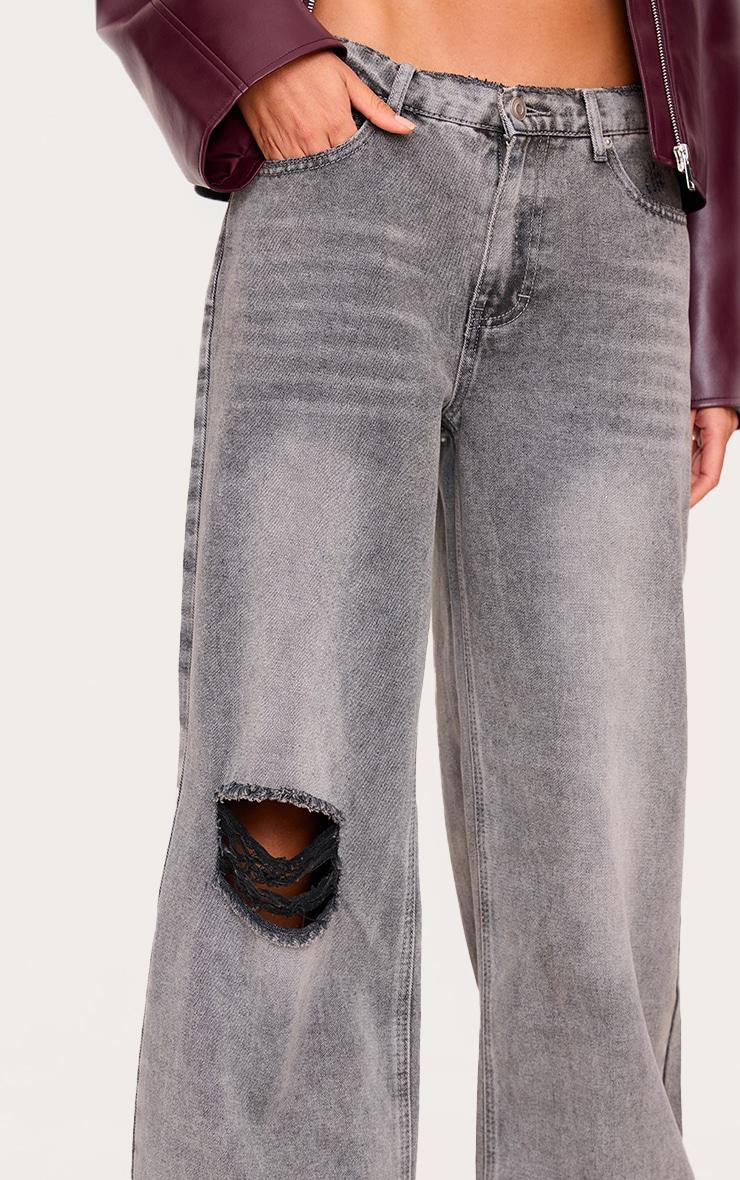 Grey Ripped Knee Frayed Hem Boyfriend Jeans Product Image